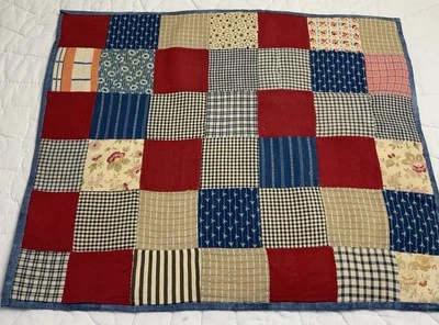 Antique Vintage Patchwork Quilt Table Topper, 4 Patch, Early Calicos, Red, Blue - Image 1 of 4