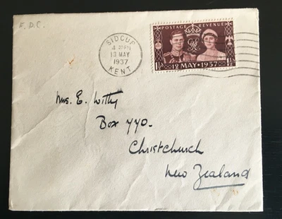 GB 1937 Coronation FDC to NZ, Sidcup wavy line Postmark (Q4) - Image 1 of 2