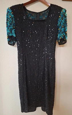 Vintage Stenay 100% Silk Sequin Beaded Knee-length Dress Womens Size 4 — 第 1/4 张图片