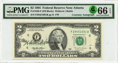 1995 $2 FRN Atlanta GA Courtesy Autograph FR#1936-F PMG Gem66 EPQ GCC Green - Image 1 of 3