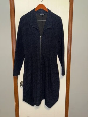 Samuel Dong Black and Navy Cheetah Print Collared Dbl Zipper Coat Dress SZ Lg - Image 1 of 4