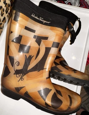 Salvatore Ferragamo Mid-Calf Rain Boots Women's Size 8 Logo Rubber Sole Pull On - Image 1 of 4
