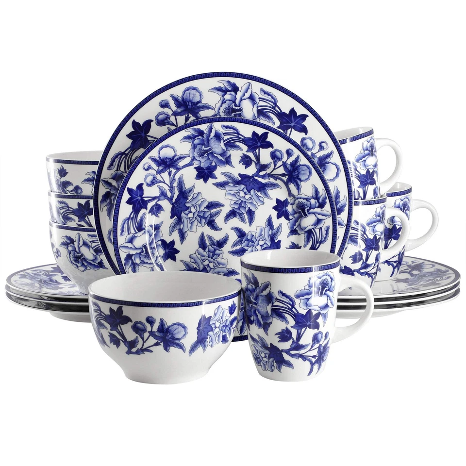 Elama Cattleya Orchid 16 Piece Round Porcelain Dinnerware Set In Blue And White