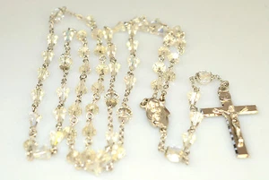 VINTAGE STERLING SILVER FACETED ROUND & CONE SHAPED CRYSTAL ROSARY 34.5 GRAMS - Picture 1 of 7