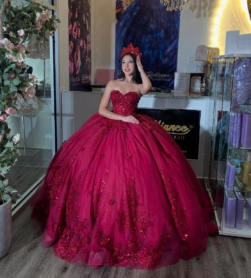 Red Quinceanera Dress Ball Gown Shiny Lace Applique Sweetheart Corset Sweet 15 - Image 1 of 4