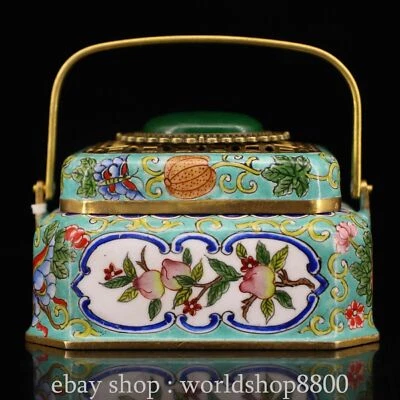 3,2 «Старый китайский Qianlong меди Cloisonne мозаика зеленый нефрит крышка ручной печи горшок - Изображение 1 из 4