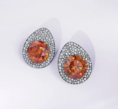 Huge Deep Orange Citrine & Pave Set Lab-Created White Diamonds EGG Shape Earring - Image 1 of 4