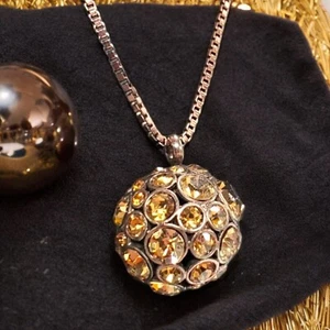 Fossil Rhinestone Ball Pendant Necklace Glitzy Copper Tone 18"+2" Brown Lock Key - Picture 1 of 11