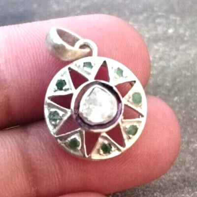 Polki Diamant Rund Schliff Charm Anhänger, 925 Silber Smaragd Edelstein Anhänger - Bild 1 von 4