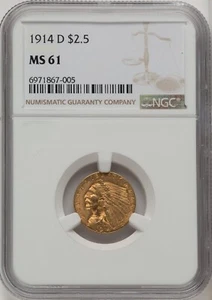 1914-D INDIAN HEAD $2.5 QUARTER EAGLE GOLD NGC MS61 - Picture 1 of 4