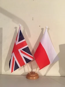 UNION JACK AND POLAND TWIN TABLE FLAG SET with WOODEN BASE 9"X6" FLAGS - Picture 1 of 1