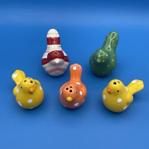 Bird Salt And Pepper Shakers Green Yellow Orange Polka Dot and Red Plaid Unused - Picture 1 of 13