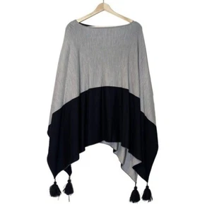 Ann Taylor NWT Womens ColorBlock Gray Black Tassel Pullover Knit Poncho One Size - Picture 1 of 12