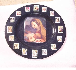 Hand-Decorated Decoupage Mary and Jesus U.S. Postage Stamp Wooden Plate - Picture 1 of 2