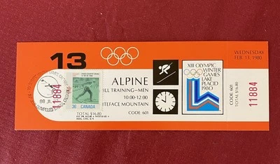 Lake Placid 1980 Olympics Full Ticket w/ 1984 Calgary Game Stamp&seal Alpine Men - Image 1 of 3