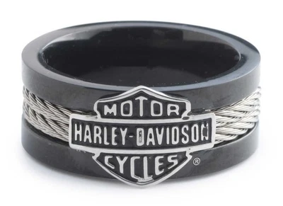 Anillo de banda de cable de acero con barra y escudo Harley-Davidson para hombre, acero inoxidable negro Foto 1 de 3