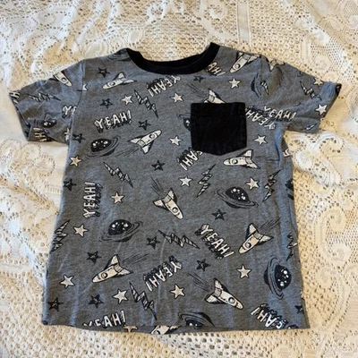 OshKosh B gosh Boys 4T Gray Space Rocket Ship Star Print Pocket T Shirt - Image 1 of 4
