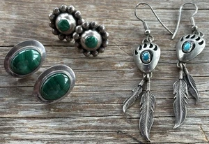 Set Of 2 Malachite Stud & 1 Turquoise/Feathers Drop Earrings 925 Silver Mexico - Picture 1 of 7