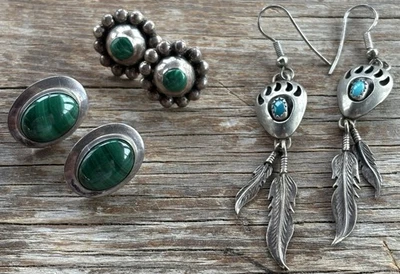 Set Of 2 Malachite Stud & 1 Turquoise/Feathers Drop Earrings 925 Silver Mexico - Image 1 of 4