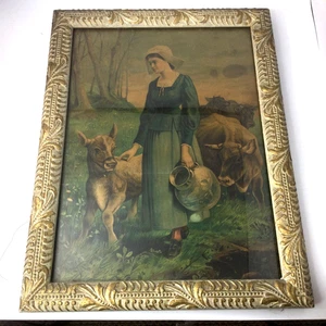 Antiker Guernsey Chromolithographie Druck verzierter Holz Goldrahmen Milchmädchen Kuh - Bild 1 von 9