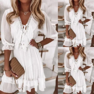 Damen Sommer Chiffon Spitze Minikleid Boho Rüschen Urlaub Minikleid Au > - Bild 1 von 9