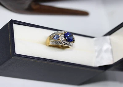 Anillo vintage de lujo de plata de ley 925 dorado zafiro genuino de 1 quilate para mujer talla 7 Foto 1 de 4