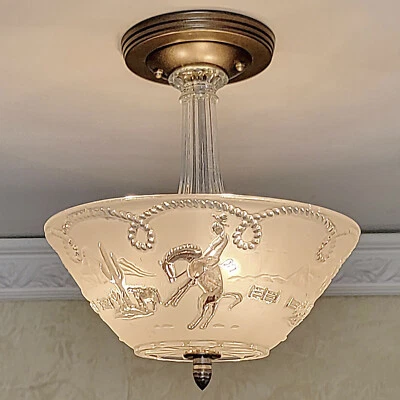 222c Vintage 50s ceiling light fixture glass shade lamp western cowboy farmhouse - Image 1 of 4
