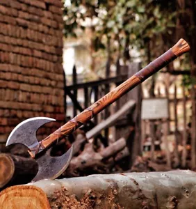 Handmade Carbon Steel Double Headed Viking Battle Axe with Leather Sheath - Picture 1 of 5