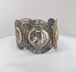 Vintage .800 Silver Egyptian Filigree Bracelet Panel Link  53 Grams 7" - Bild 1 von 10