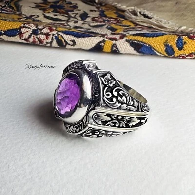 Elegante anillo de piedras preciosas de amatista de plata de ley piedra de nacimiento de febrero regalo Foto 1 de 3
