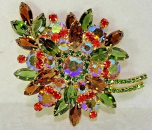  ICONIC VTG Huge D&E JULIANA Topaz Orange Peridot Green RS Brooch PIN BOOK PIECE - Picture 1 of 9