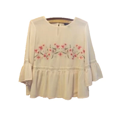 Blush Pink Sheer Floral Pattern Peplum Top with Bell Sleeve,UK sz12. - Image 1 of 4