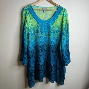 Catherines Blouse Top 3X 26W Blue Green Lace Neckline Micro Pleated Art Boho - Picture 1 of 10