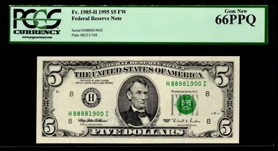 1995 $5 FRN ST. LOUIS. FR: 1985-H PCGS Graded: 66 PPQ. FANCY, LUCKY QUAD 8s S/N. - Image 1 of 2