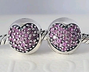 Genuine Pandora Bracelet Clip Charms - Silver & Pink Love Of My Life Heart Clips - Picture 1 of 6