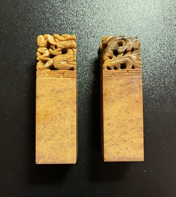 Китайский Changhua камень ручной резьбы печати пара 2,5 x 2,5 x 8 см 昌化石印章一对 - Изображение 1 из 4