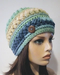 handmade crochet womans button hat beanie sutherland stripes blue puffs - Picture 1 of 3