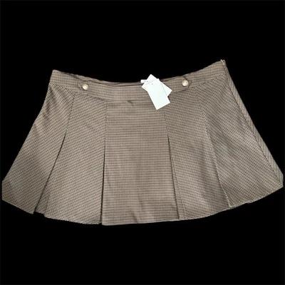 NWT H&M XL Pleated Mini Skirt Brown Tan Plaid Houndstooth Gold Button Preppy 90s - Image 1 of 4