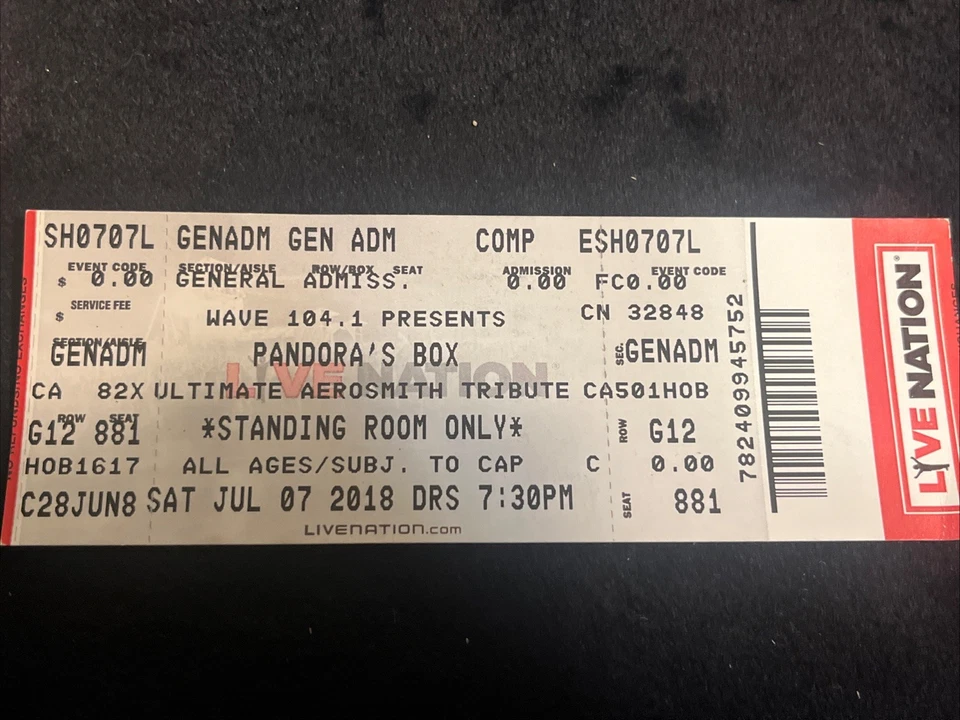 Pandora’s Box Ticket Stub Ultimate Aerosmith Tribute Band July 7th 2018 - Image 1 of 4