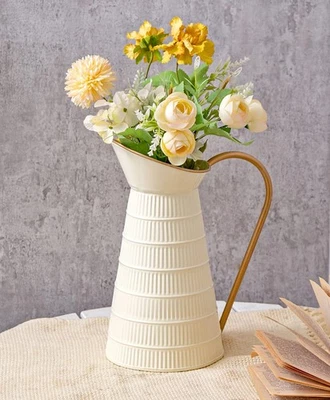Elegant Cream/White Metal Pitcher Vase, Farmhouse Galvanized Flower Vase, Rus... - Image 1 of 4