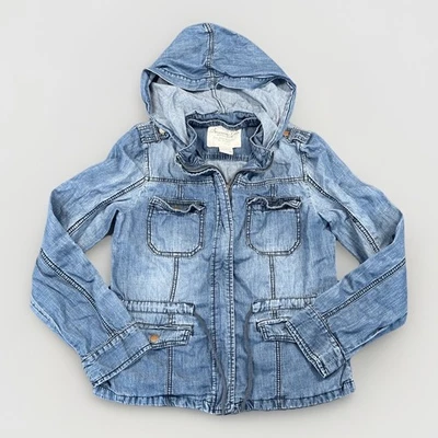 Chaqueta utilitaria de mezclilla con capucha trapo americano para mujer M azul con cordón bolsillo festival Foto 1 de 4