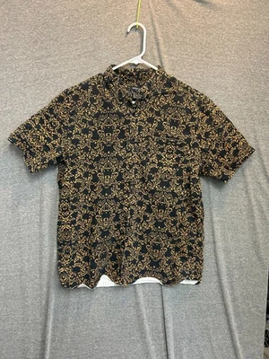 Forever 21 Hawaiian Shirt Men Large Black Gold Floral Cotton Stretch Button Down - Image 1 of 4