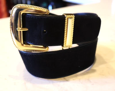 WOMENS Suede LEATHER BELT Black 1 1/2" Wide Gold Buckle ESCADA GERMANY SM  MM5 - Image 1 of 4