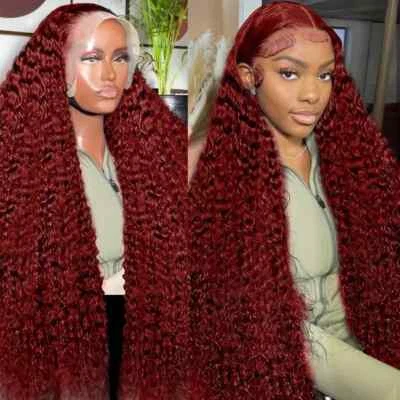 250 Density 30 40 Inch 99J Burgundy Deep Wave 13x4 Lace Front Human Hair Wig13x6 - Image 1 of 4
