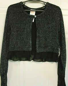 Girl's Sparkly Black & Silver Light Weight Sweater Jewel Button Ruffle Cardigan - Picture 1 of 7