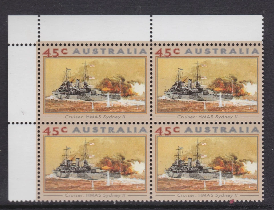 Buque de guerra militar HMAS SYDNEY II crucero Australia bloque de esquina 4 MNH 1993 Foto 1 de 1