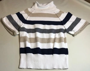 Gymboree Girls WHITE, BLUE & BROWN STRIPED TURTLENECK SWEATER EUC 7-8 - Picture 1 of 4