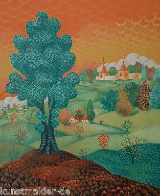 Antun BAHUNEK (1912-1985) Naive Kunst aus Kroatien ! Grosse Farblithographie ! - Bild 1 von 4