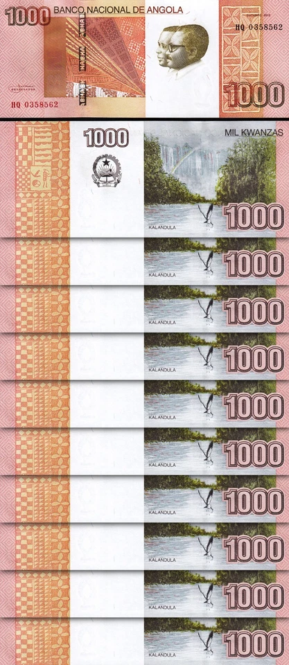 Angola 1000 Kwanzas 2012, UNC, 10 Pcs LOT, Consecutive, P-156a, Prefix HQ - Image 1 of 4