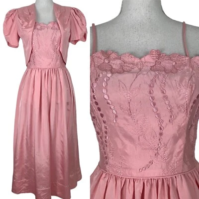 Vestido Vintage Rosa Floral Top Sin Mangas Ajuste Acampanado Manga Abullonada Conjunto de Encogerse de hombros Talla XS Foto 1 de 4